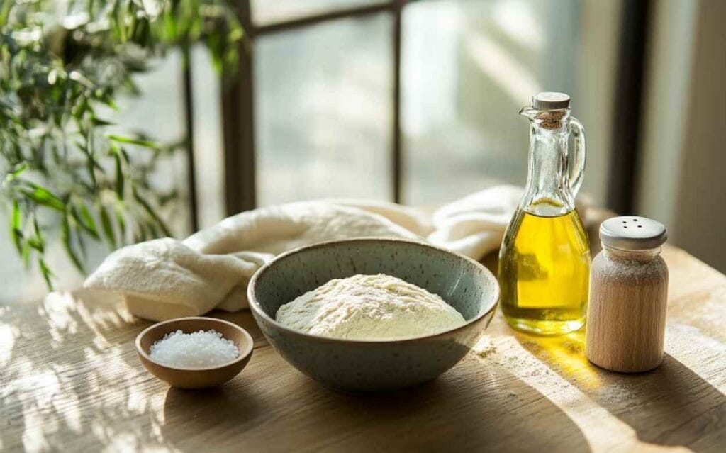 Bol de farine, petit bol de sel, bouteille d’huile d’olive et poivrière en bois sur une table en bois clair, avec un torchon blanc et une plante verte en arrière-plan lumineux.
