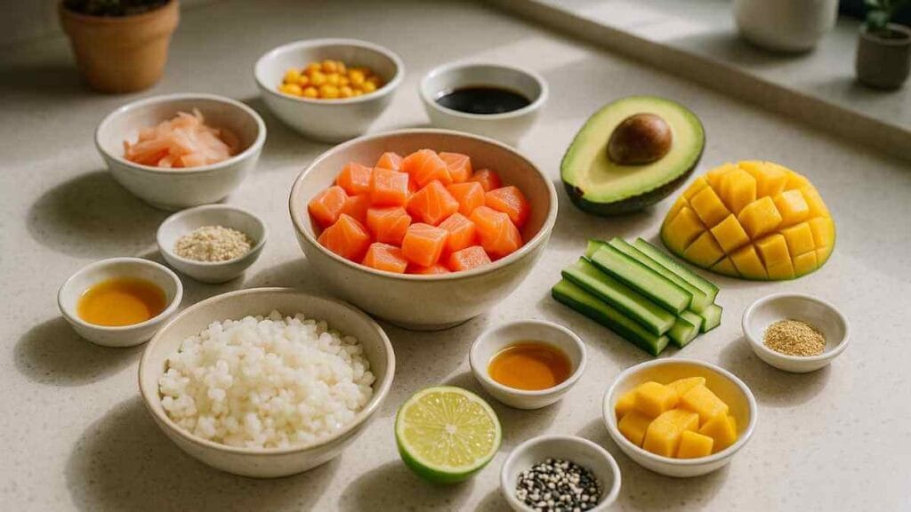 Ingrédients frais pour poke bowl saumon disposés en petits bols : cubes de saumon, riz, avocat, mangue, concombre, graines de sésame, sauce soja, citron vert, gingembre mariné, huile et autres assaisonnements, sur un plan de travail clair.