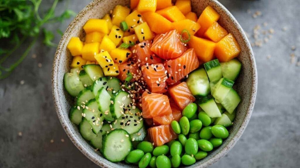 Poke bowl coloré avec cubes de saumon frais, dés de mangue, tranches de concombre, edamame et graines de sésame, présenté dans un bol sur un fond gris.