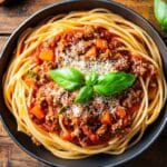 Assiette de spaghetti nappés d’une sauce bolognaise maison garnie de morceaux de carottes, de viande hachée, de parmesan râpé et décorée de feuilles de basilic frais, sur une table en bois rustique.