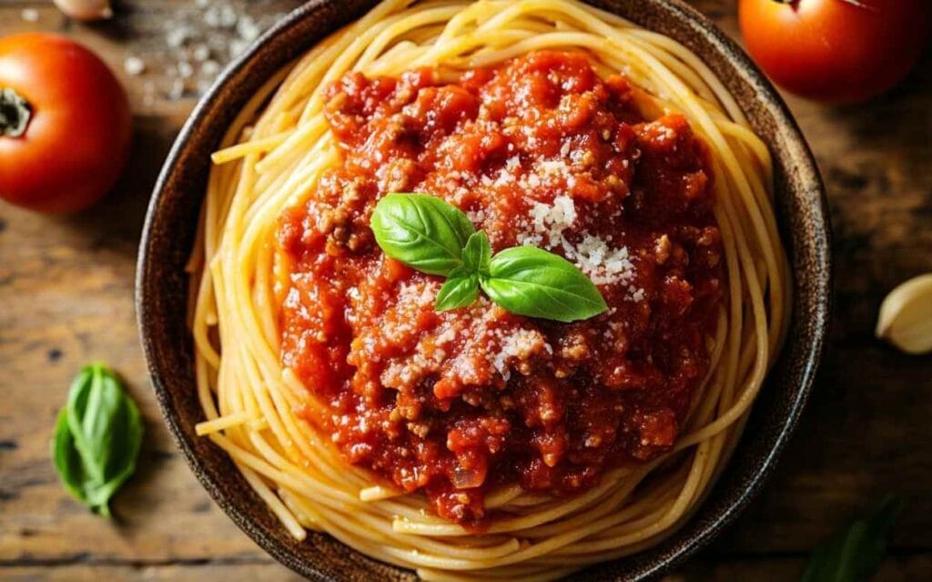 Plat nappé d’une sauce spaghetti bolognaise riche en viande hachée et tomates, garni de parmesan râpé et décoré de feuilles de basilic frais, présenté dans un bol sur une table en bois rustique.