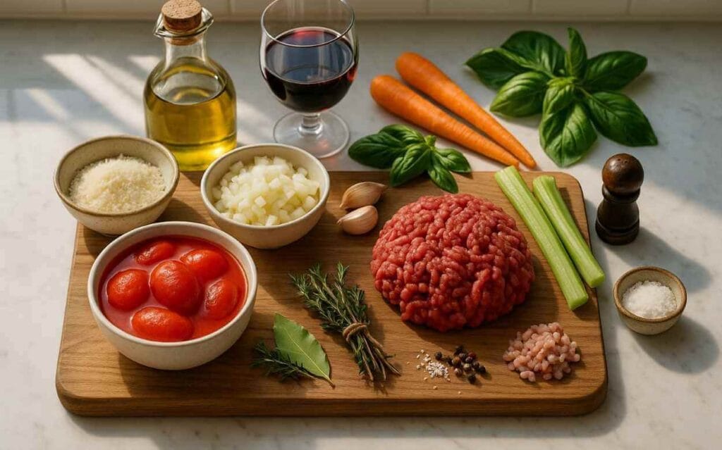 Ingrédients frais disposés sur une planche en bois : viande hachée, tomates pelées en conserve, oignons coupés, carottes, céleri, ail, basilic frais, herbes aromatiques, huile d’olive, verre de vin rouge, sel, poivre et parmesan râpé, dans une cuisine lumineuse.
