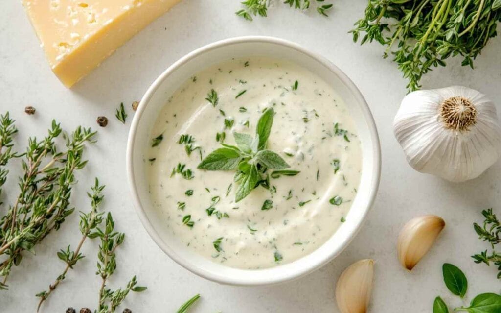 Bol de sauce Boursin crémeuse aux fines herbes, entouré d’ail, de thym frais, de grains de poivre et d’un morceau de fromage sur fond clair.