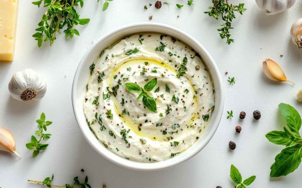 Sauce Boursin crémeuse dans un bol blanc, garnie de fines herbes fraîches, entourée d’ail, de poivre en grains, de basilic et de thym sur un fond blanc.