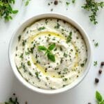 Sauce Boursin crémeuse dans un bol blanc, garnie de fines herbes fraîches, entourée d’ail, de poivre en grains, de basilic et de thym sur un fond blanc.