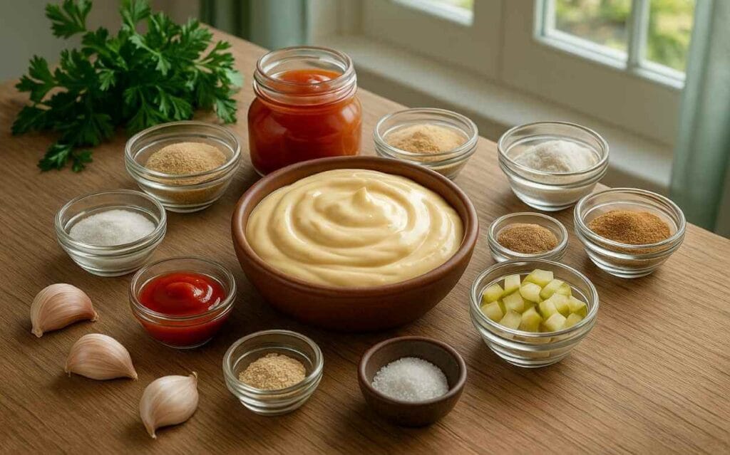 Ingrédients frais de la sauce Big Mac maison disposés autour d’un bol de sauce crémeuse sur une table en bois dans une cuisine ensoleillée.