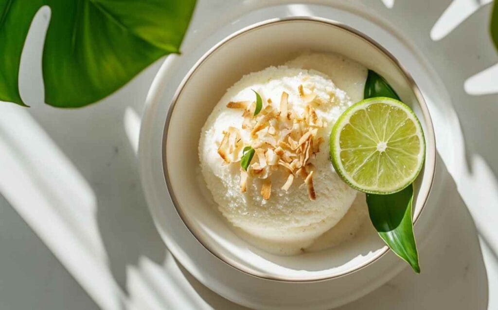 Bol de sorbet noix de coco garni de copeaux de noix de coco grillés et d’une tranche de citron vert, présenté sur une assiette blanche avec une feuille verte, éclairage naturel.