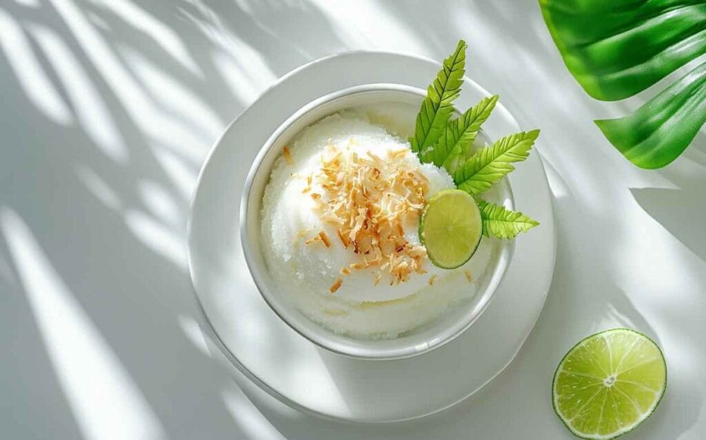 Bol de sorbet noix de coco garni de copeaux de noix de coco grillés, décoré avec une tranche de citron vert et des feuilles vertes, sur une assiette blanche, éclairage naturel avec ombres de feuilles.