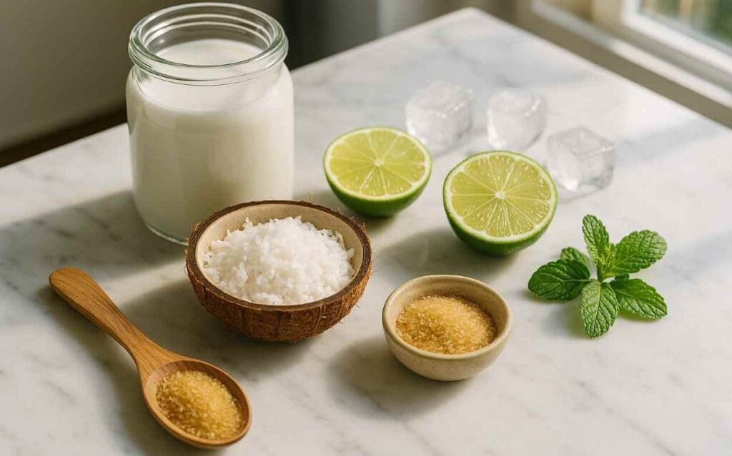 Ingrédients pour sorbet noix de coco : lait de coco dans un bocal en verre, noix de coco râpée dans une demi-coque, sucre de canne dans un bol et une cuillère en bois, citron vert coupé en deux, feuilles de menthe et glaçons, sur un plan de travail en marbre.