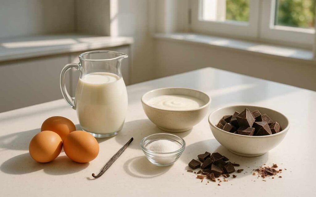 Ingrédients pour glace stracciatella disposés sur un plan de travail lumineux : œufs, lait dans un pichet en verre, crème dans un bol, sucre en poudre dans un petit récipient, gousse de vanille et morceaux de chocolat noir.