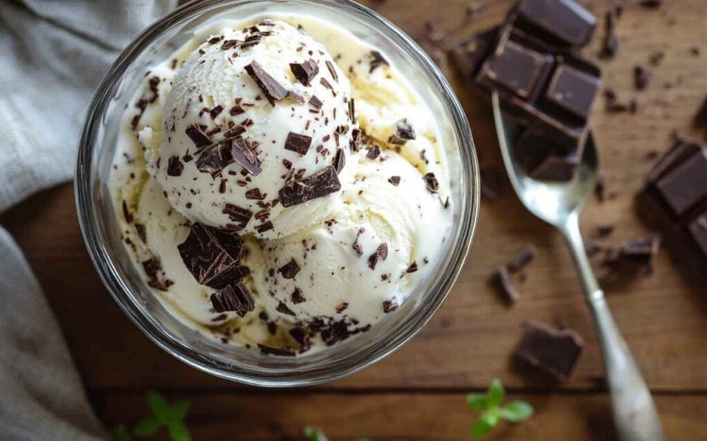 Bol en verre contenant plusieurs boules de stracciatella glace à la vanille, garnies de gros morceaux et copeaux de chocolat noir, sur une planche en bois avec une cuillère et des éclats de chocolat à côté.