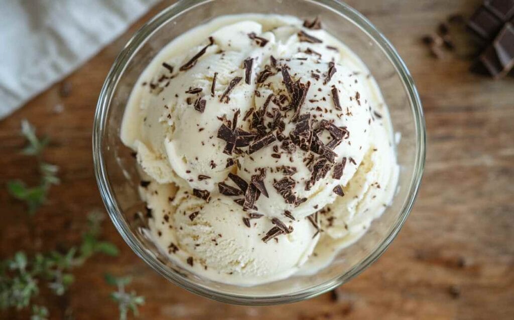 stracciatella glace à la vanille avec éclats de chocolat noir, servies dans un bol en verre sur une surface en bois.