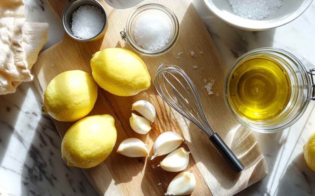 Trois citrons jaunes, plusieurs gousses d’ail, un petit fouet, un pot d’huile d’olive et des contenants de sel sur une planche en bois, dans une cuisine lumineuse.