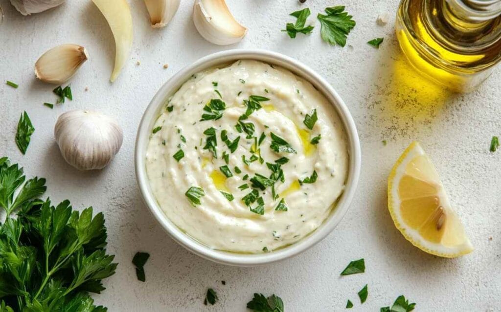 Bol de sauce à l’ail crémeuse garnie de persil frais, entourée de gousses d’ail, quartiers de citron, huile d’olive et feuilles de persil sur un fond clair.