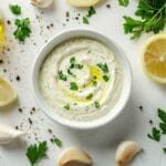 Bol de sauce à l’ail crémeuse, entouré de quartiers de citron, gousses d’ail, persil frais et huile d’olive sur un fond blanc.