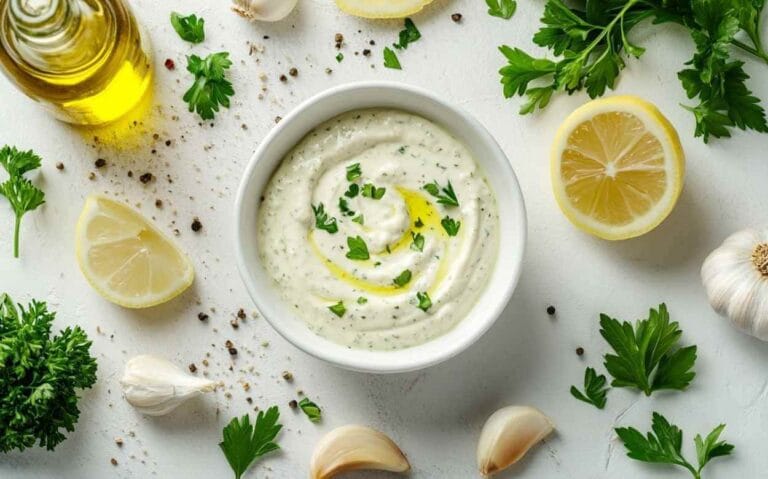 Bol de sauce à l’ail crémeuse, entouré de quartiers de citron, gousses d’ail, persil frais et huile d’olive sur un fond blanc.