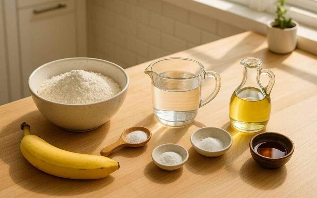 "Ingrédients pour pancakes sans lait disposés sur une table en bois clair : farine dans un bol, banane, eau dans un pichet, huile végétale, petites coupelles avec sel, sucre et sirop, éclairés par une lumière naturelle dans une cuisine moderne."