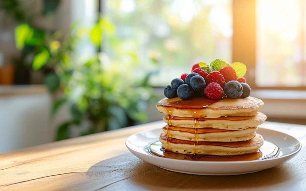 "Pancakes sans lait empilés sur une assiette blanche, nappés de sirop d'érable et garnis de fruits rouges et de myrtilles, en lumière naturelle dans une cuisine ensoleillée."