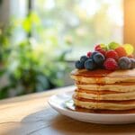 "Pancakes sans lait empilés sur une assiette blanche, nappés de sirop d'érable et garnis de fruits rouges et de myrtilles, en lumière naturelle dans une cuisine ensoleillée."