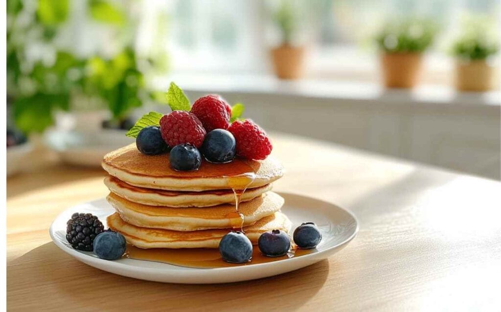 "Pile de pancakes sans lait nappés de sirop d’érable, garnis de myrtilles, framboises et feuilles de menthe, sur une assiette blanche, éclairée par une lumière naturelle dans une cuisine moderne."