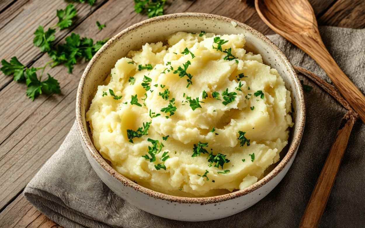 Bol en céramique rempli de purée de pommes de terre maison garnie de persil frais haché, posé sur une nappe en lin beige et une table en bois rustique, avec une cuillère en bois à côté.