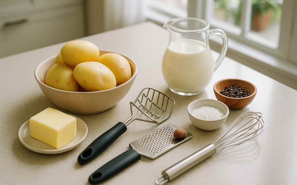 Ingrédients frais pour purée de pommes de terre maison disposés sur un plan de travail clair : pommes de terre, beurre, lait dans un pichet en verre, sel, poivre, noix de muscade entière avec râpe, presse-purée et fouet en métal.