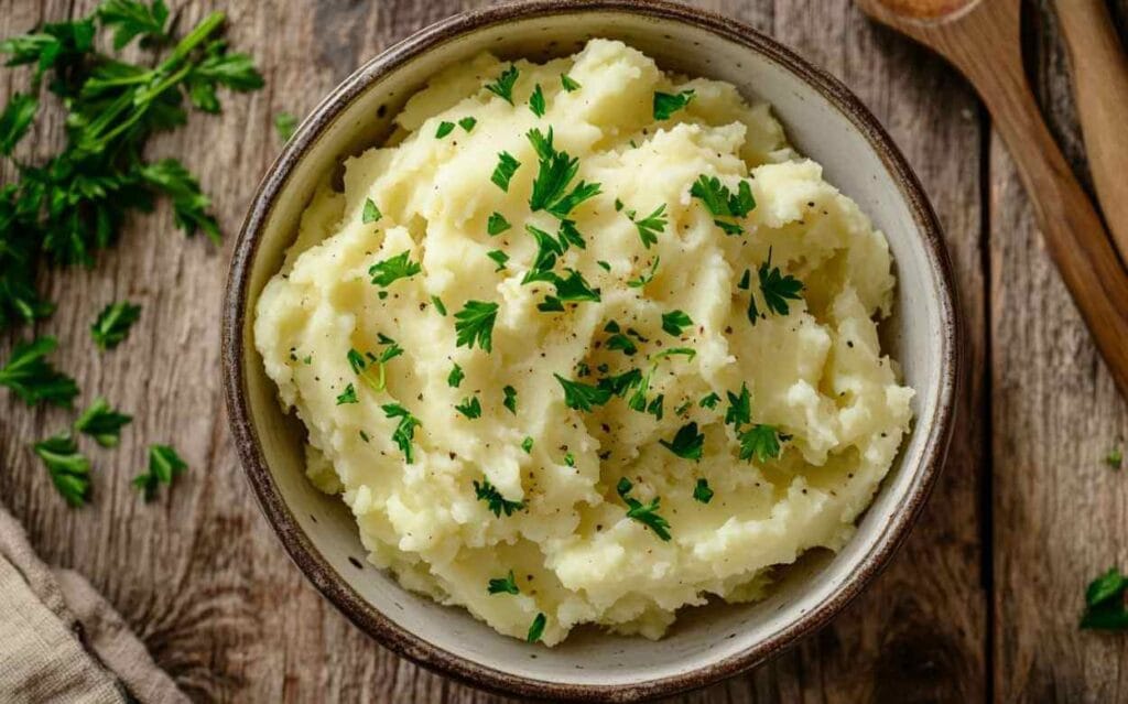 Purée de pommes de terre maison onctueuse dans un bol en céramique, garnie de persil frais haché, posée sur une table en bois rustique.