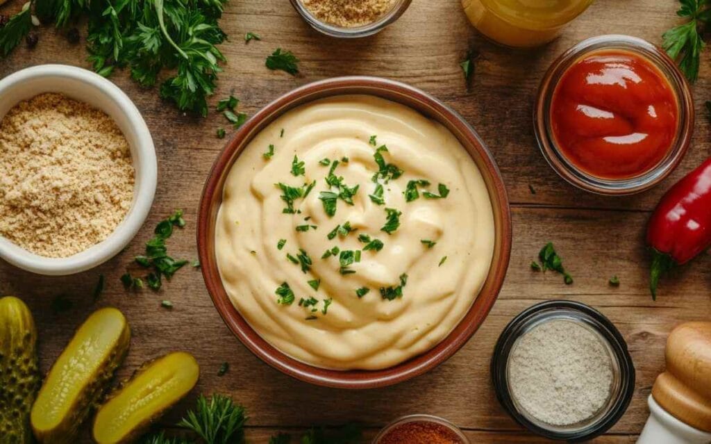 Bol de sauce Big Mac maison crémeuse garnie de persil frais, entourée d’ingrédients frais et épices sur une planche en bois.