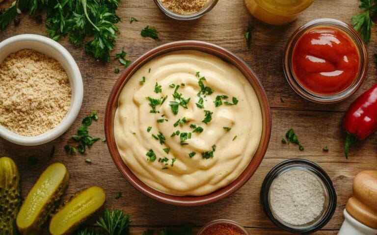 Bol de sauce Big Mac maison crémeuse garnie de persil frais, entourée d’ingrédients frais et épices sur une planche en bois.