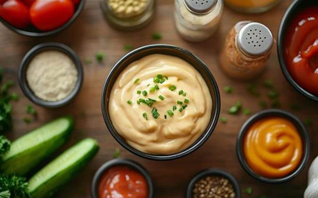 Bol de sauce Big Mac maison crémeuse garni de ciboulette fraîche, entouré d’ingrédients variés comme ketchup, moutarde, cornichons et épices sur une planche en bois.