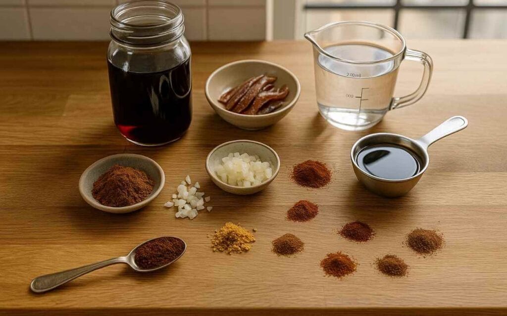 Ingrédients de la sauce Worcestershire disposés sur un plan de travail en bois : vinaigre foncé, anchois, eau, épices en poudre, oignon haché, cuillère de mélasse.