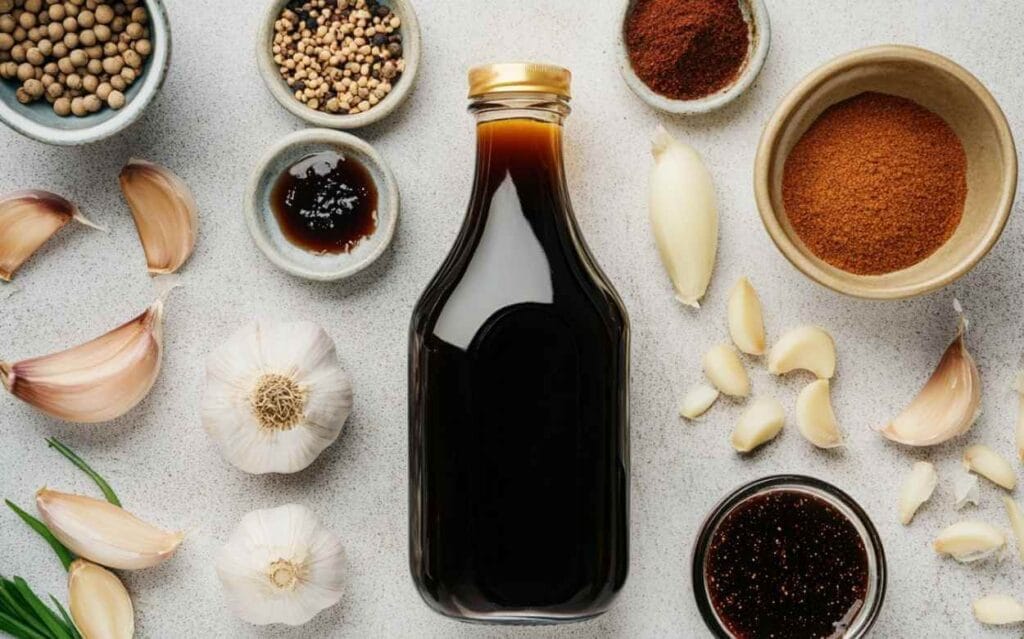 Ingrédients de la sauce Worcestershire disposés à plat : ail, épices moulues, poivre, sauce dans une bouteille en verre, fond clair.