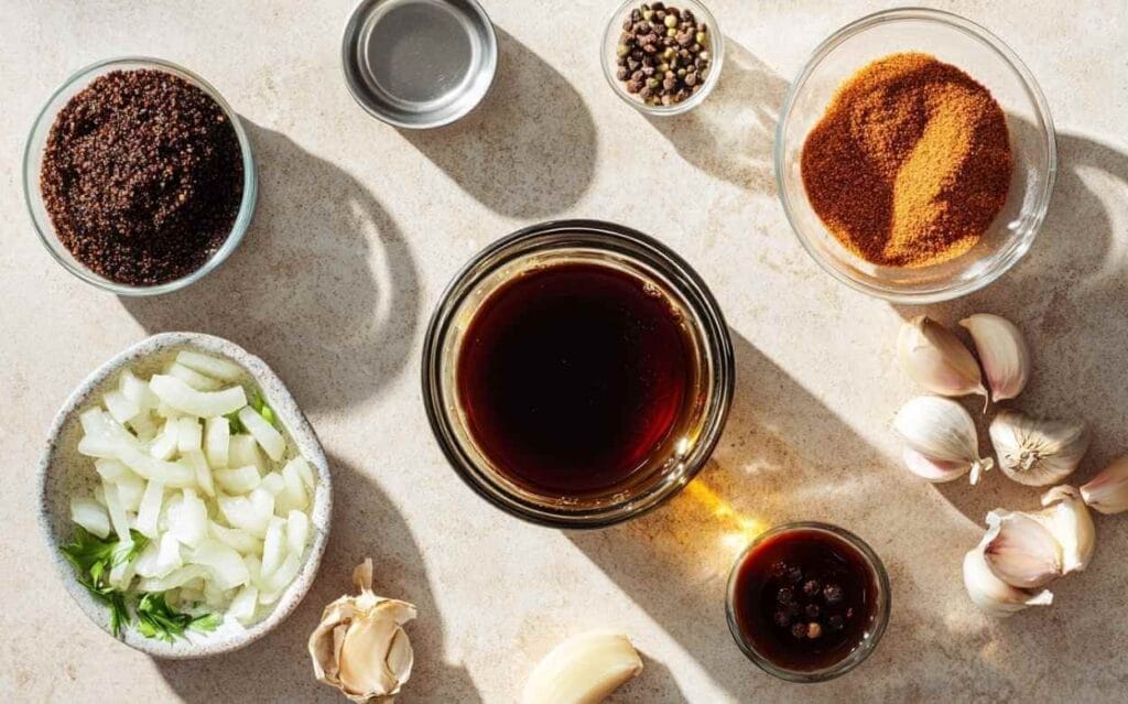 Vue de dessus d'ingrédients frais pour sauce Worcestershire : oignon haché, ail, épices en poudre, baies de poivre, sauce foncée dans des petits bols sur un plan de travail clair.