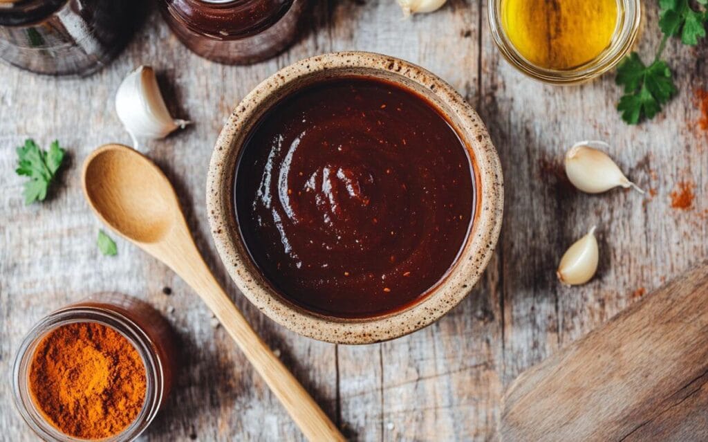 Sauce barbecue maison épaisse dans un bol en céramique, entourée d’épices, gousses d’ail, huile et une cuillère en bois, sur une table en bois rustique.