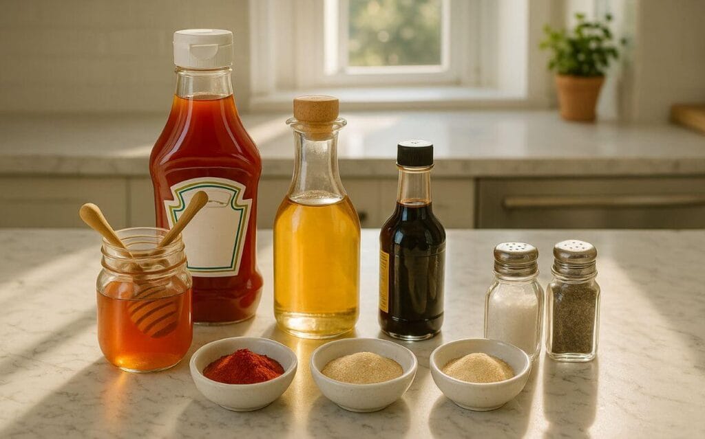 Ingrédients pour sauce barbecue maison disposés sur un plan de travail en marbre, comprenant ketchup, miel, vinaigre, sauce Worcestershire, paprika, ail et oignon en poudre, sel et poivre.