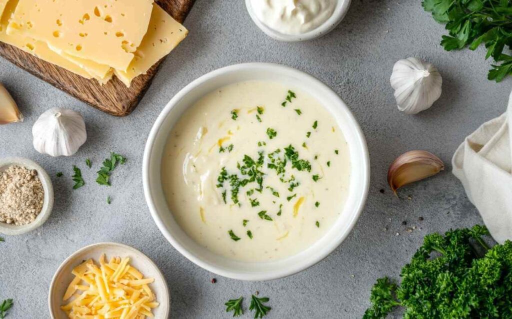 Sauce fromagère crémeuse dans un bol blanc, garnie de persil frais, entourée d'ingrédients comme du fromage râpé, du fromage en tranches, de la crème fraîche, de l’ail et du persil sur un plan de travail gris.