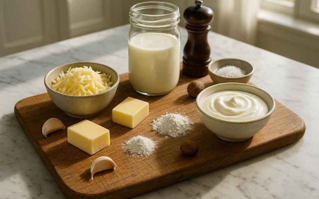 Ingrédients pour sauce fromagère présentés sur une planche en bois : fromage râpé, beurre, crème fraîche, lait dans un bocal, ail, épices, et noix de muscade, dans une cuisine lumineuse.