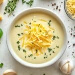 Bol de sauce fromagère onctueuse garnie de fromage râpé et de persil frais, entourée d’ingrédients frais comme de l’ail, du basilic, des morceaux de fromage et des épices sur un plan de travail clair.