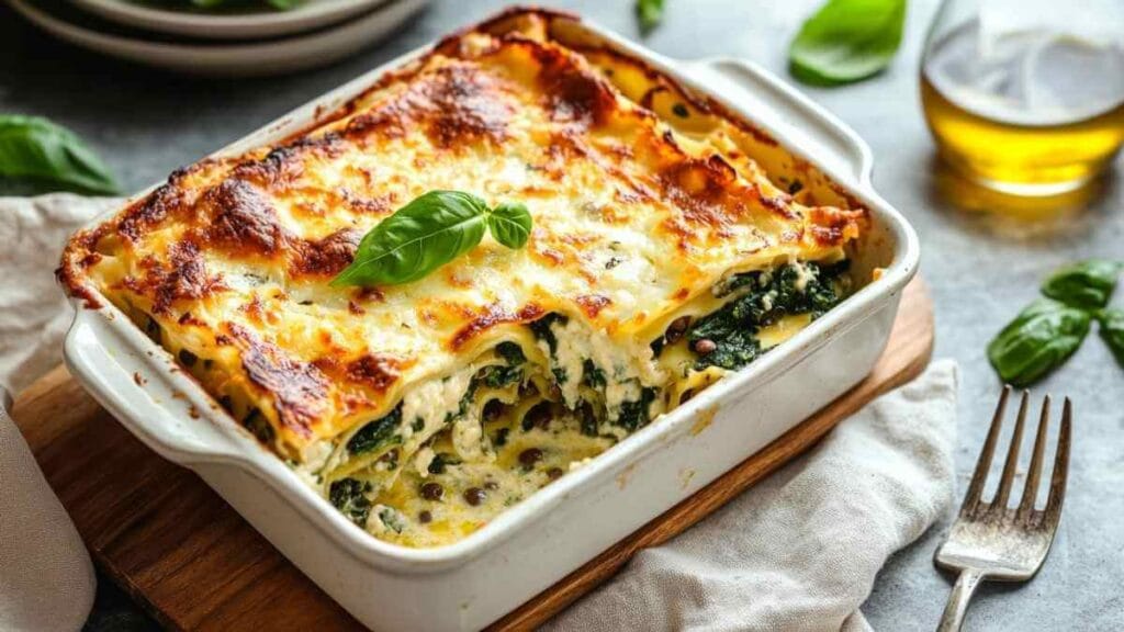 Plat de lasagnes végétariennes aux épinards et ricotta, surface gratinée dorée, décoré d’une feuille de basilic, servi dans un plat à gratin blanc, vue rapprochée.