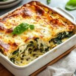 Plat de lasagnes végétariennes aux épinards et ricotta, surface gratinée dorée, décoré d’une feuille de basilic, servi dans un plat à gratin blanc, vue rapprochée.