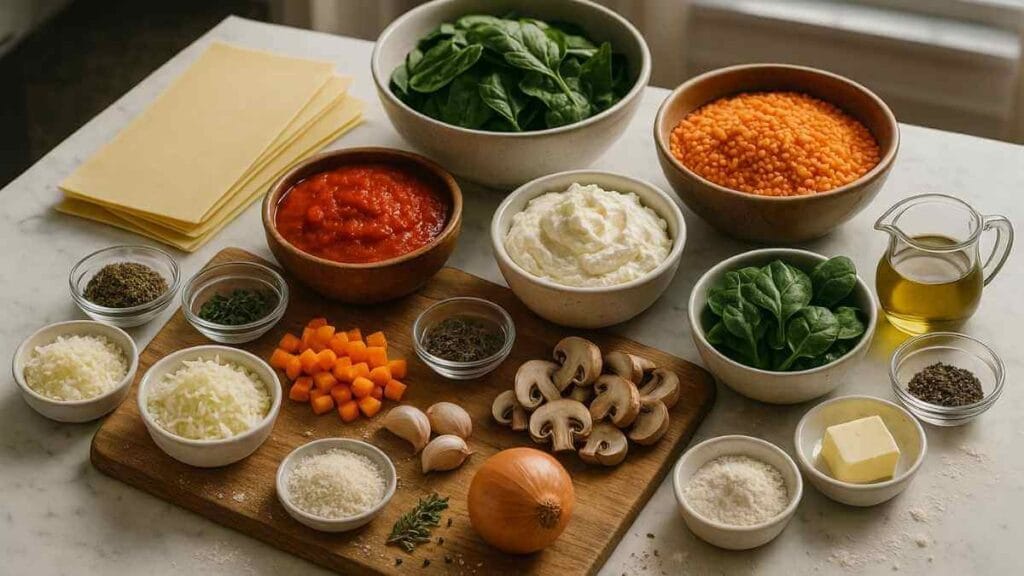 Ingrédients pour lasagnes végétariennes — feuilles de lasagne, épinards, lentilles corail, sauce tomate, ricotta, champignons, herbes — vue de haut.