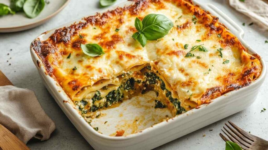 Lasagnes végétariennes épinards et ricotta, gratinées et dorées, une part retirée dévoile les couches, basilic frais, plat à gratin blanc.