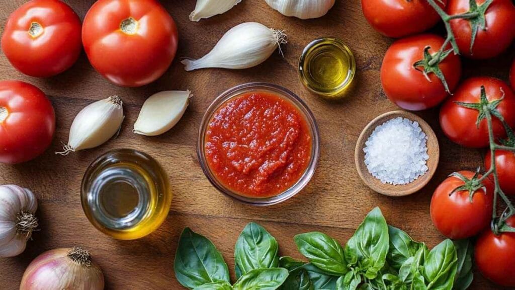Ingrédients frais pour sauce tomate maison : tomates, gousses d’ail, oignon, huile d’olive, sel, basilic frais, et un bol de sauce tomate sur une planche en bois.