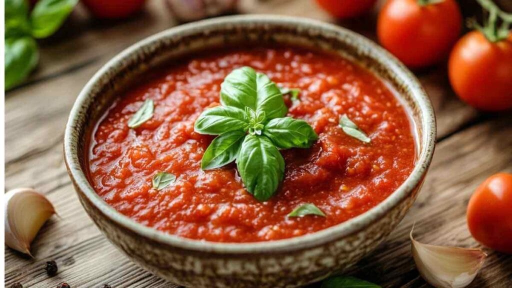 Bol rustique rempli de sauce tomate maison garnie de feuilles de basilic frais, entouré de tomates cerises et gousses d’ail sur une table en bois.