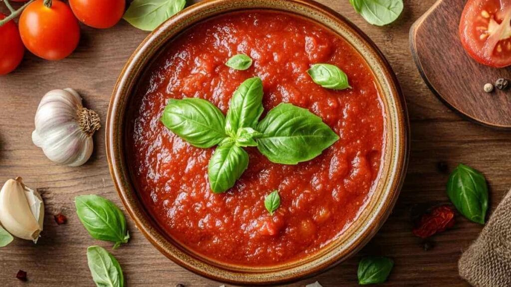Bol de sauce tomate maison garnie de feuilles de basilic frais, entouré de tomates cerises, gousses d’ail et feuilles de basilic sur une table en bois.