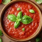 Bol de sauce tomate maison garnie de feuilles de basilic frais, entouré de tomates cerises, gousses d’ail et feuilles de basilic sur une table en bois.