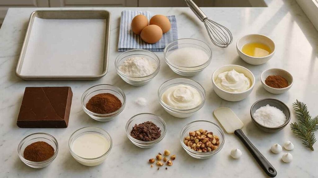Ingrédients pour une Bûche de Noël au chocolat, vue de dessus : œufs, sucre, farine, cacao, chocolat, crème/mascarpone, beurre fondu, noisettes, plateau chemisé, fouet et spatule, sur plan de travail en cuisine lumineuse.