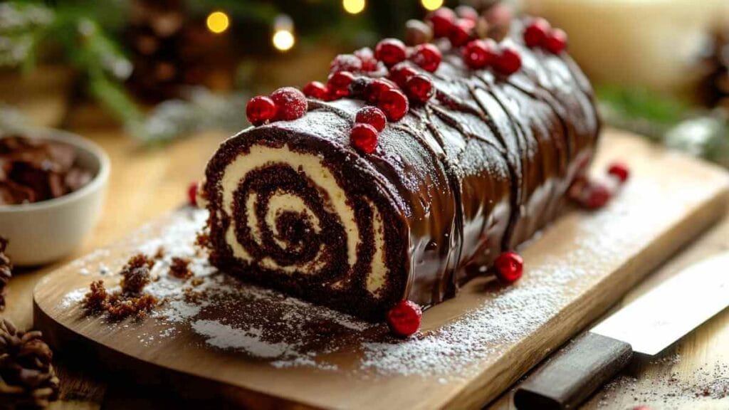 Bûche de Noël au chocolat nappée d’un glaçage brillant, décorée de baies rouges et de sucre glace, sur planche en bois avec couteau.