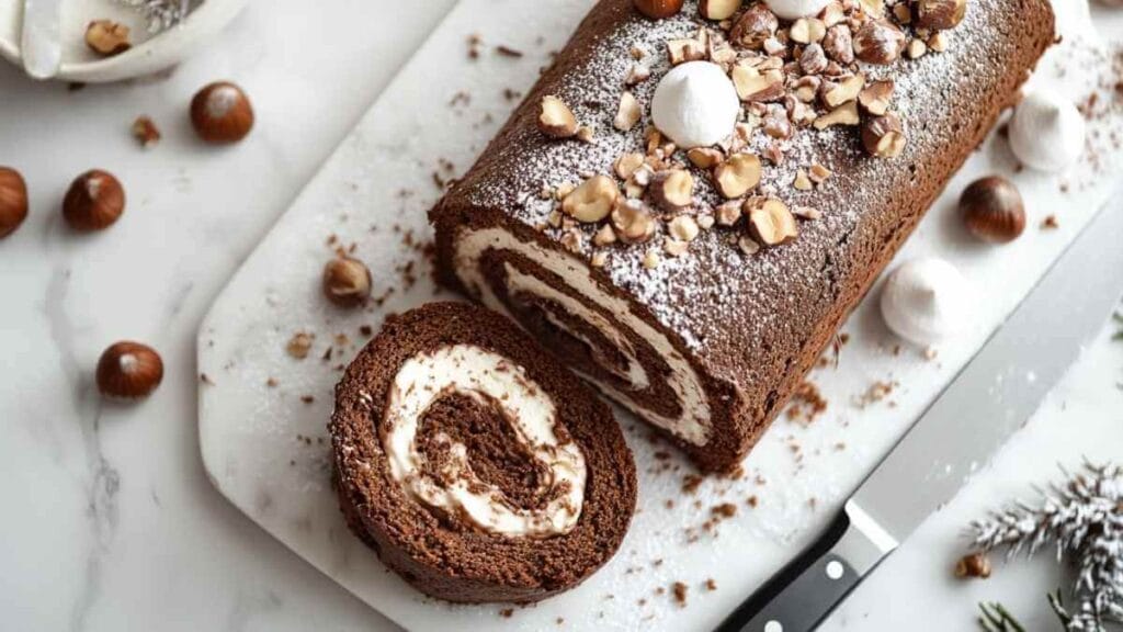 Bûche de Noël au chocolat roulée, garnie de crème, saupoudrée de sucre glace et de noisettes concassées, tranchée sur planche de marbre avec couteau et mini meringues.