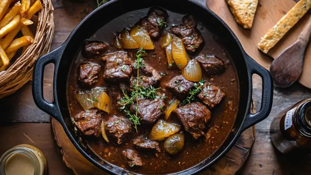 Carbonades flamandes en cocotte en fonte : bœuf mijoté à la bière brune, oignons confits et thym, servie avec frites et moutarde, vue de dessus.